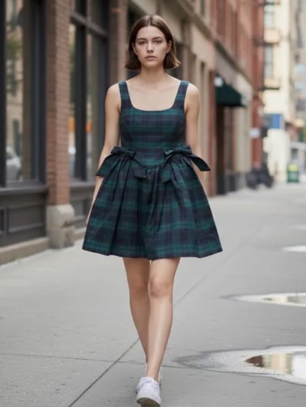 AVEC LES FILLES Green Navy Tartan Mini Dress.